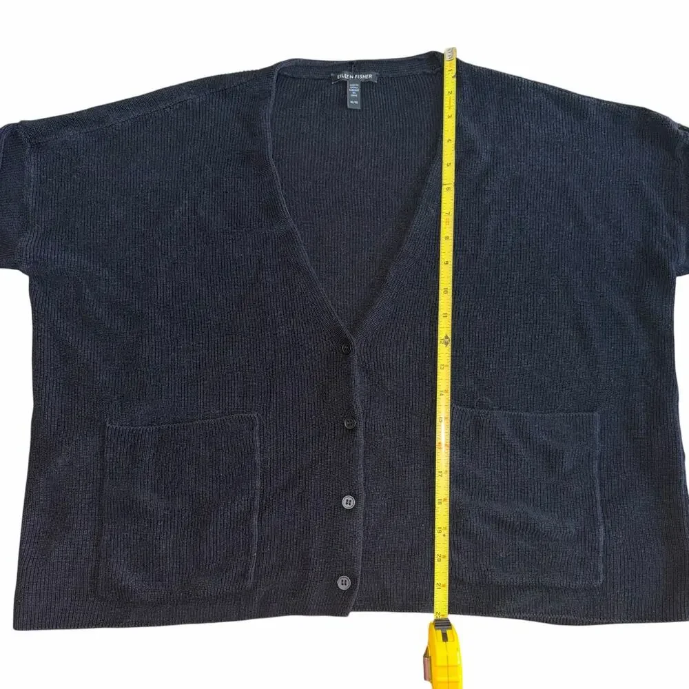 Eileen Fisher Organic Linen Cotton Blend Black Cardigan XL Oversized Open V-Neck - Picture 7 of 9